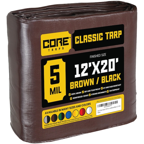 Core Tarps Heavy Duty Tarp, 20 ft L x 0.5 mm H x 12 ft W, 5 Mil, Brown/Black, Polyethylene CT-502-12X20 - main